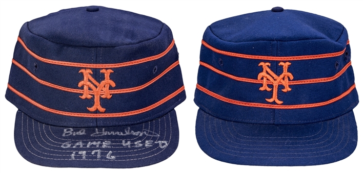 Lot of (2) 1976 New York Mets Game Used Pill Box Hats (1 signed) (Beckett)